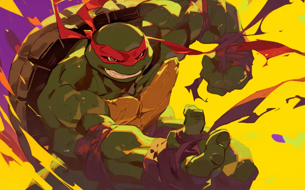 HD wallpaper featuring Raphael from Teenage Mutant Ninja Turtles, depicted in a dynamic comic style with vibrant yellow and orange background.