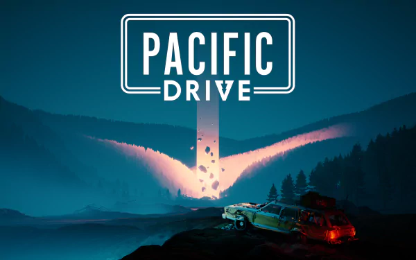 HD wallpaper featuring Pacific Drive video game with stylized title over a mystical nighttime landscape and glowing car headlights.