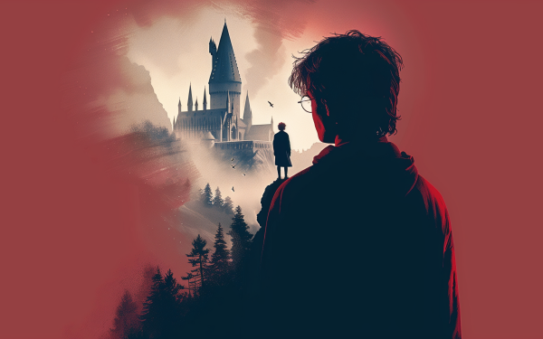 Harry Potter themed HD desktop wallpaper featuring the silhouette of a young wizard gazing at Hogwarts castle amidst a mystic red mist background.
