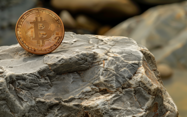 Bitcoin cryptocurrency coin displayed on a rugged rock, ideal for HD desktop wallpaper and background with a focus on digital currency.