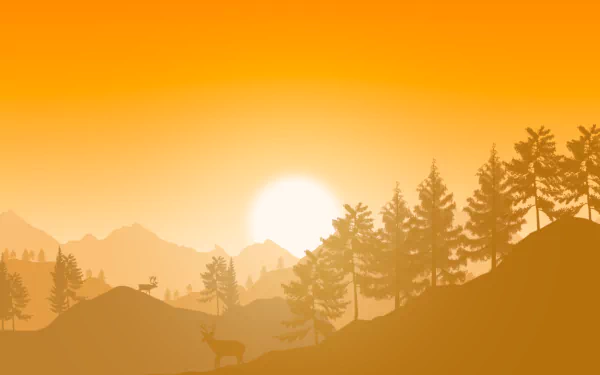 A vibrant digital art landscape of pine trees silhouetted against an orange sky with the sun setting behind distant hills, designed as an HD PC desktop wallpaper.