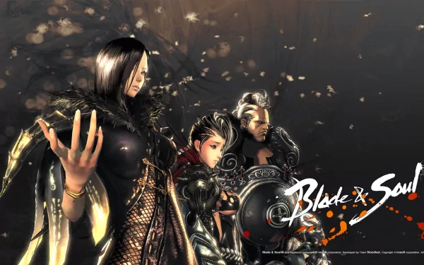 HD PC desktop wallpaper featuring characters from the video game Blade & Soul in a dark, atmospheric setting with falling petals.