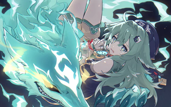 HD PC desktop wallpaper featuring Huohuo from Honkai: Star Rail, depicted with flowing hair and a glowing spectral wolf against a dynamic, vibrant background.