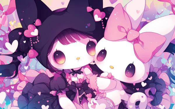 HD Anime desktop wallpaper featuring the adorable characters Kuromi and My Melody from Onegai My Melody, surrounded by a heart-filled background in pastel colors.