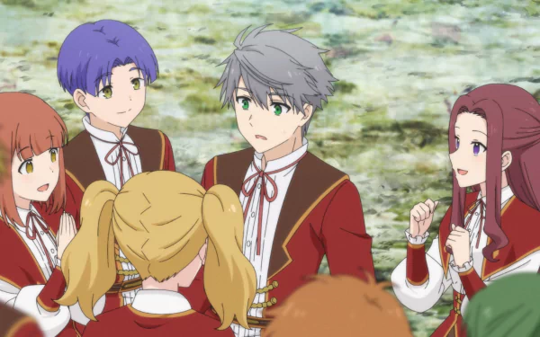 A vibrant HD wallpaper from Villainess Level 99, featuring a group of characters in elegant outfits, engaged in a lively conversation against a lush backdrop.