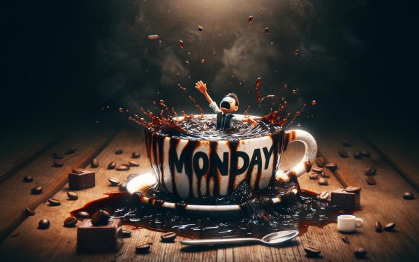 Dynamic HD wallpaper featuring a coffee cup with the word 'Monday' splashing with coffee, surrounded by coffee beans and chocolate on a wooden surface, ideal for a desktop background.
