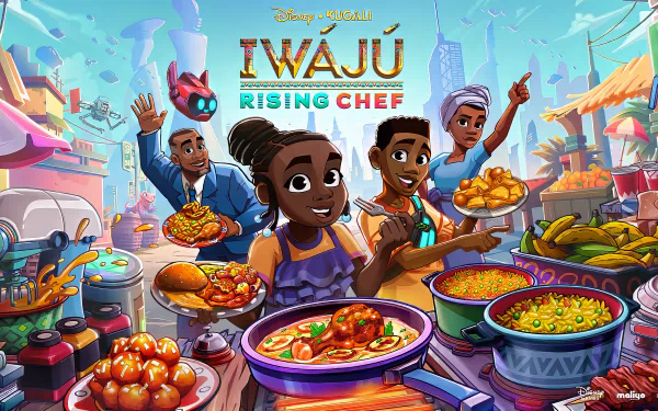 HD wallpaper of Disney's Iwájú TV show featuring animated characters in a vibrant market setting, emphasizing the theme 'Rising Chef'.