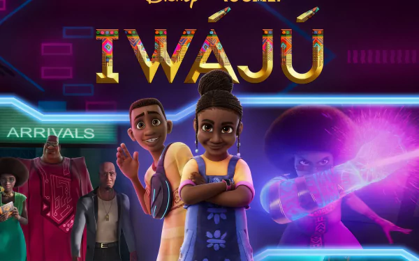 Hd desktop wallpaper featuring characters from the animated TV show 'Iwájú' with vibrant graphics and logo.