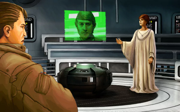 HD wallpaper of Star Wars: Dark Forces Remaster featuring characters in a high-tech control room.