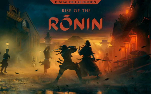 HD desktop wallpaper featuring Rise of the Rōnin video game with samurai characters in a dramatic night-time battle scene.