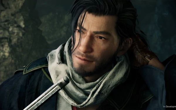 HD desktop wallpaper featuring a character from the video game Rise of the Rōnin with a thoughtful expression and a sword in hand.