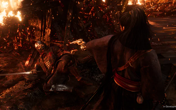 HD wallpaper featuring a scene from the video game Rise of the Rōnin with a samurai warrior in a tense battle amid fiery ruins.