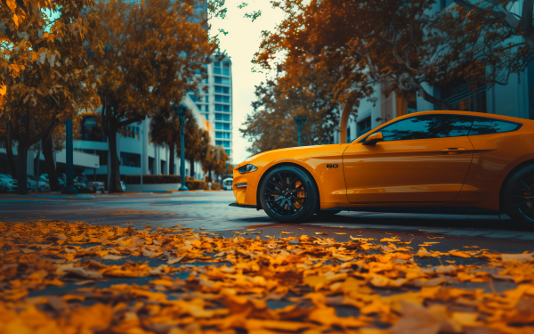 Orange Ford Mustang HD wallpaper with a background of autumn leaves on a city street.