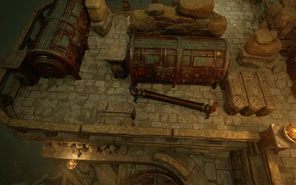 HD wallpaper featuring an atmospheric scene from Brothers: A Tale of Two Sons Remake video game with detailed stone structures and vintage wagons.