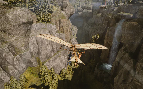 HD wallpaper featuring a scene from Brothers: A Tale of Two Sons Remake with characters gliding over a canyon using a makeshift hang glider in a breathtaking landscape for a desktop background.