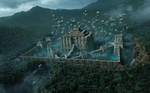 HD wallpaper featuring a mystical temple surrounded by lush mountains and floating blocks, inspired by the video game Final Fantasy VII Rebirth.