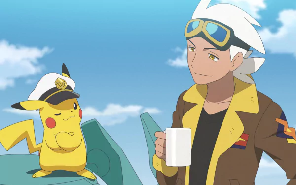 HD desktop wallpaper featuring a character from Pokémon Horizons: The Series with Pikachu, set against a clear sky background.