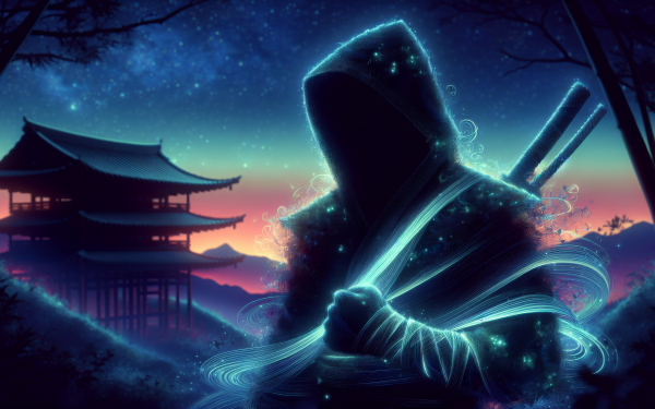 HD wallpaper of a digital art depiction of a mysterious samurai with glowing swords, set against a twilight backdrop with Asian pagoda silhouette.