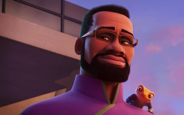 HD wallpaper featuring a character from the TV show Iwájú with a vibrant purple sunset background.