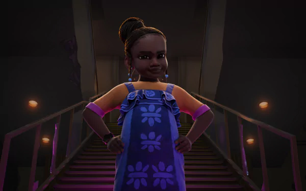 Animated character from the TV show Iwájú standing confidently on stairs in a HD desktop wallpaper.