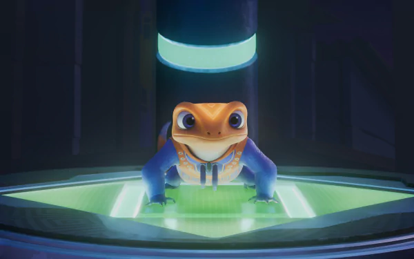 A vibrant HD wallpaper from the TV show Iwájú, featuring a cheerful, anthropomorphic frog standing confidently on a glowing platform under a bright light.