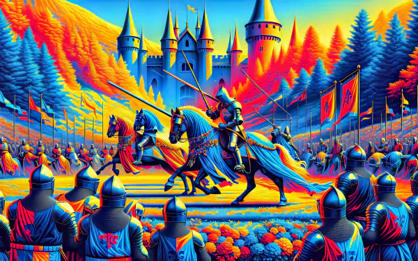 HD desktop wallpaper featuring colorful medieval jousting tournament with knights on horseback in front of a castle and cheering spectators.