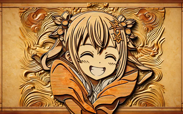 HD anime wallpaper featuring a smiling anime character with ornate wood carving style background for desktop.
