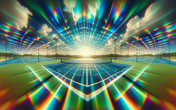 HD abstract tennis court wallpaper with vibrant colors and light rays emanating from the sunset for desktop background.