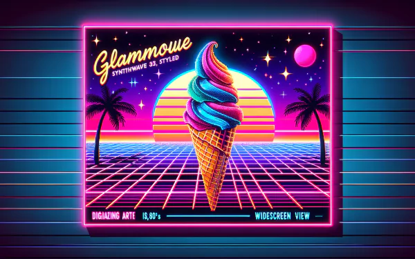 HD desktop wallpaper of a vibrant retro-futuristic ice cream cone design with neon colors and palm tree silhouettes, in a widescreen view.