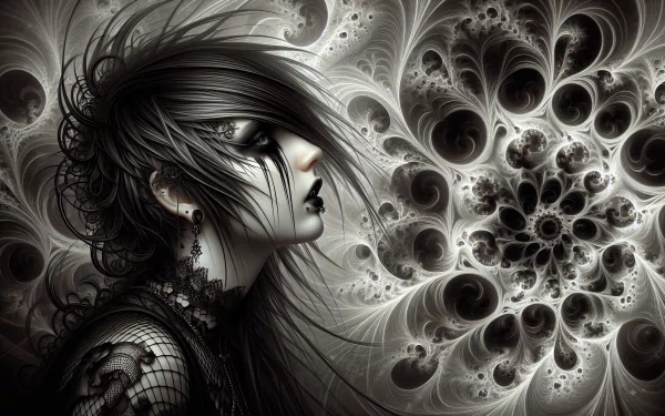 HD desktop wallpaper featuring an artistic illustration of an emo girl with intricate fractal designs in the background.