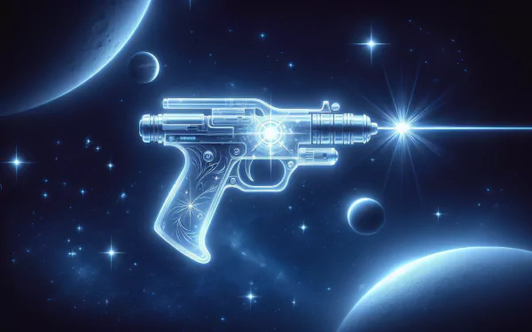 A futuristic laser gun emits a bright beam in a cosmic setting, surrounded by planets and stars, creating a stunning HD desktop wallpaper and background.