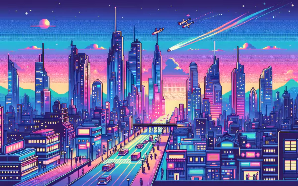 HD wallpaper of a vibrant, futuristic cityscape at sunset with neon colors and stylized skyline for desktop background.