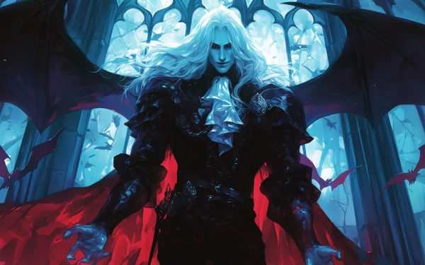 HD wallpaper of a fantasy vampire with striking white hair, dressed in elaborate dark clothing, standing ominously with a dramatic red and blue background.