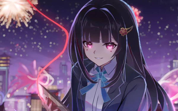 HD wallpaper of a character named Sparkle from the video game Honkai: Star Rail, with a vibrant night scene featuring fireworks in the background.