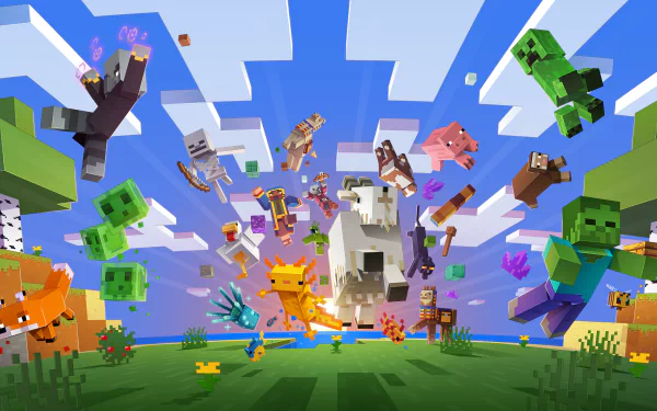 HD Minecraft wallpaper featuring an explosion of characters and blocks against a stylized blue sky background.