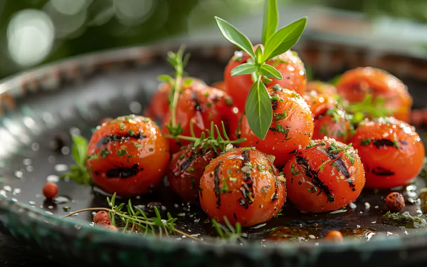 A close-up of vibrant cherry tomatoes on a dark plate, garnished with herbs and seasoning, creating a fresh and appetizing HD desktop wallpaper.
