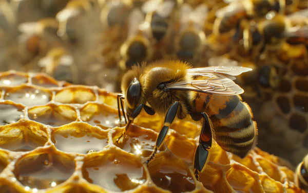 A close-up HD wallpaper of a honeybee drinking nectar on a beehive background.