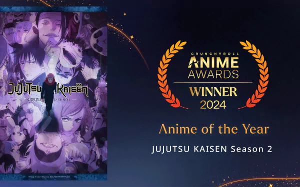 HD PC desktop wallpaper featuring characters from Jujutsu Kaisen 2nd Season, accompanied by the Anime Awards 2024 winner badge for Anime of the Year.