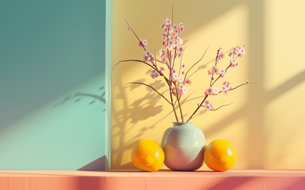 HD desktop wallpaper featuring a serene still life with a vase of pink flowers and two bright oranges on a table against a pastel blue and yellow background.