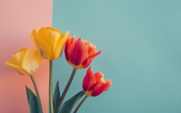 HD wallpaper of vibrant yellow and red tulips against a dual-tone coral and turquoise minimalist background, embodying the essence of spring.