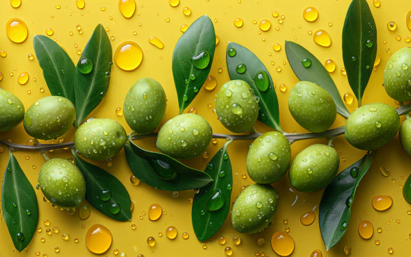 Fresh green olives on a branch with leaves and water droplets on a yellow background, high-definition desktop wallpaper.