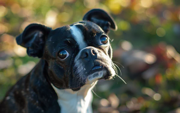 HD wallpaper featuring a close-up of a Boston Terrier with a thoughtful expression, set against a soft-focused autumn background.