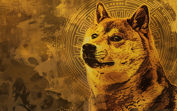 HD desktop wallpaper featuring a stylized Shiba Inu dog representing Dogecoin, a popular cryptocurrency, set against an artistic golden coin background, tagged with Doge, funny, and cryptocurrency.