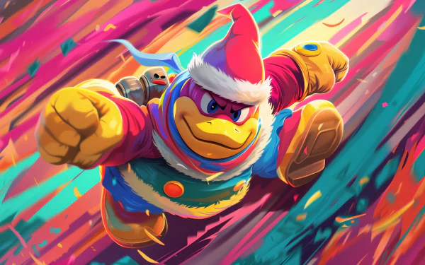 HD wallpaper featuring dynamic fan art of King Dedede against a colorful abstract background.