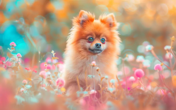 HD desktop wallpaper featuring a fluffy Pomeranian dog amidst colorful flowers with a soft-focus background.
