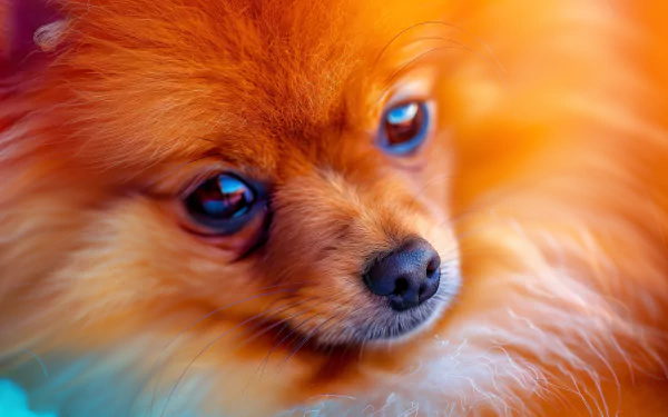HD Desktop Wallpaper of a Cute Pomeranian Dog with a Fluffy Orange Coat against a Colorful Background.