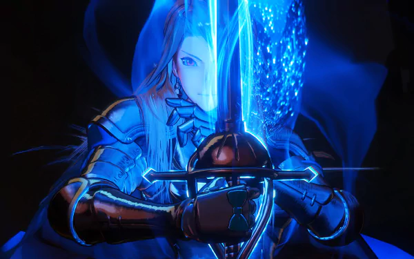 Granblue Fantasy: Relink video game character wielding a glowing blue sword, in a high-definition desktop wallpaper background.