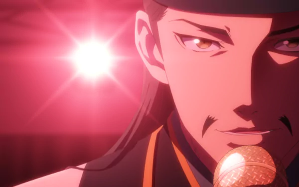 HD Anime Wallpaper of a character from 'Ya Boy Kongming!', confidently holding a microphone with a dramatic backlight creating a silhouette effect.