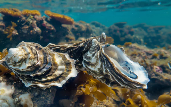HD desktop wallpaper of an open oyster amidst seaweed and coral in an underwater scene.