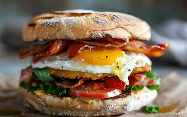 HD desktop wallpaper of a mouthwatering breakfast sandwich with crispy bacon, a fried egg, fresh lettuce, and tomatoes.